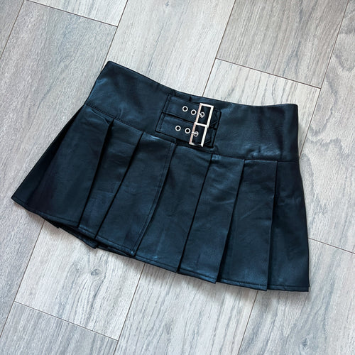 Black Faux Leather Buckle Skirt