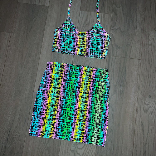 (UK 8-10) Reflective Acid Scribble Low Scoop Cami and Skirt 2 Piece Set SAMPLE
