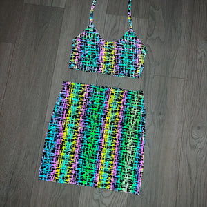 (UK 8-10) Reflective Acid Scribble Low Scoop Cami and Skirt 2 Piece Set SAMPLE