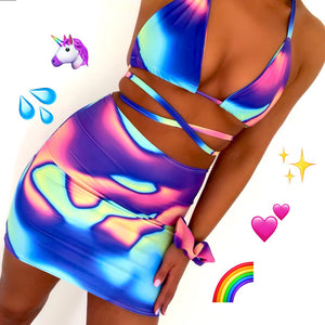Neon Lava Bra, Skirt & Scrunchie 3 Piece Matching Set