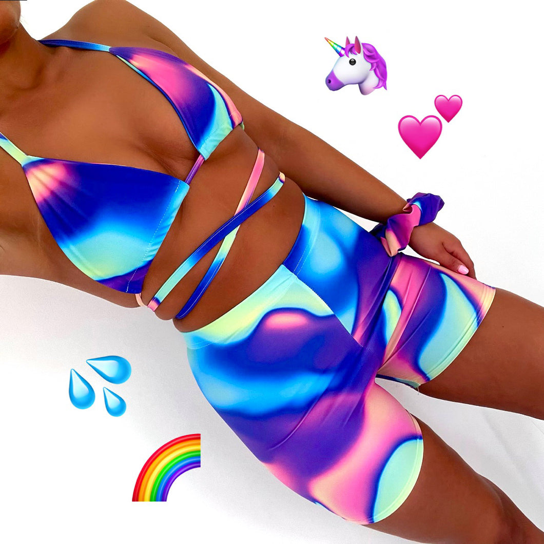 Neon Lava Bra, Mini Shorts & Scrunchie 3 Piece Matching Set