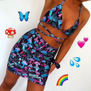Neon Mushroom Bra, Skirt & Scrunchie 3 Piece Matching Set