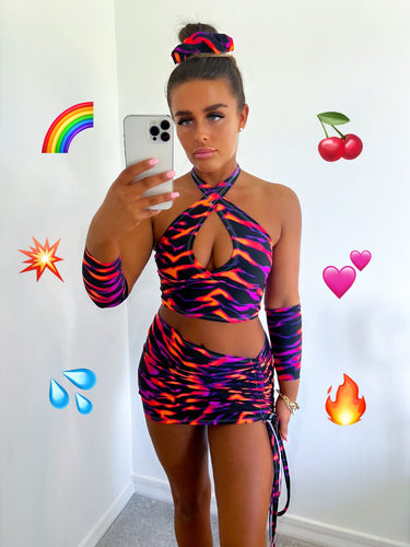 Sunset Afterglow Criss Cross Halter, Ruched Skirt, Wrist Cuffs and Scrunchie 4 Piece Matching Set